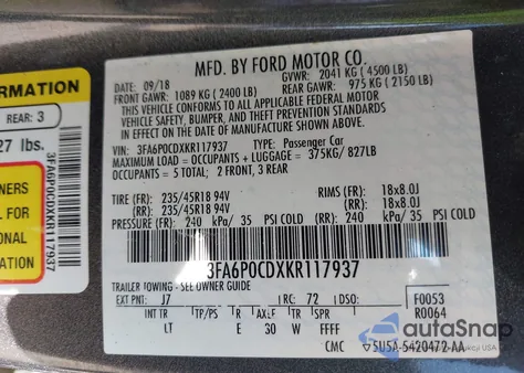 2019 Ford Fusion Sel из США, поврежденный, VIN 3FA6P0CDXKR117937